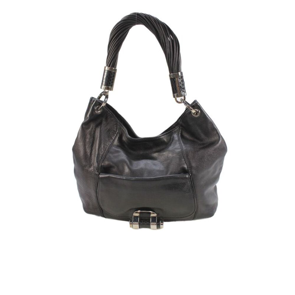 Michael Kors Womens Strappy Handle Pocket Front Leather Shoulder Handbag Black